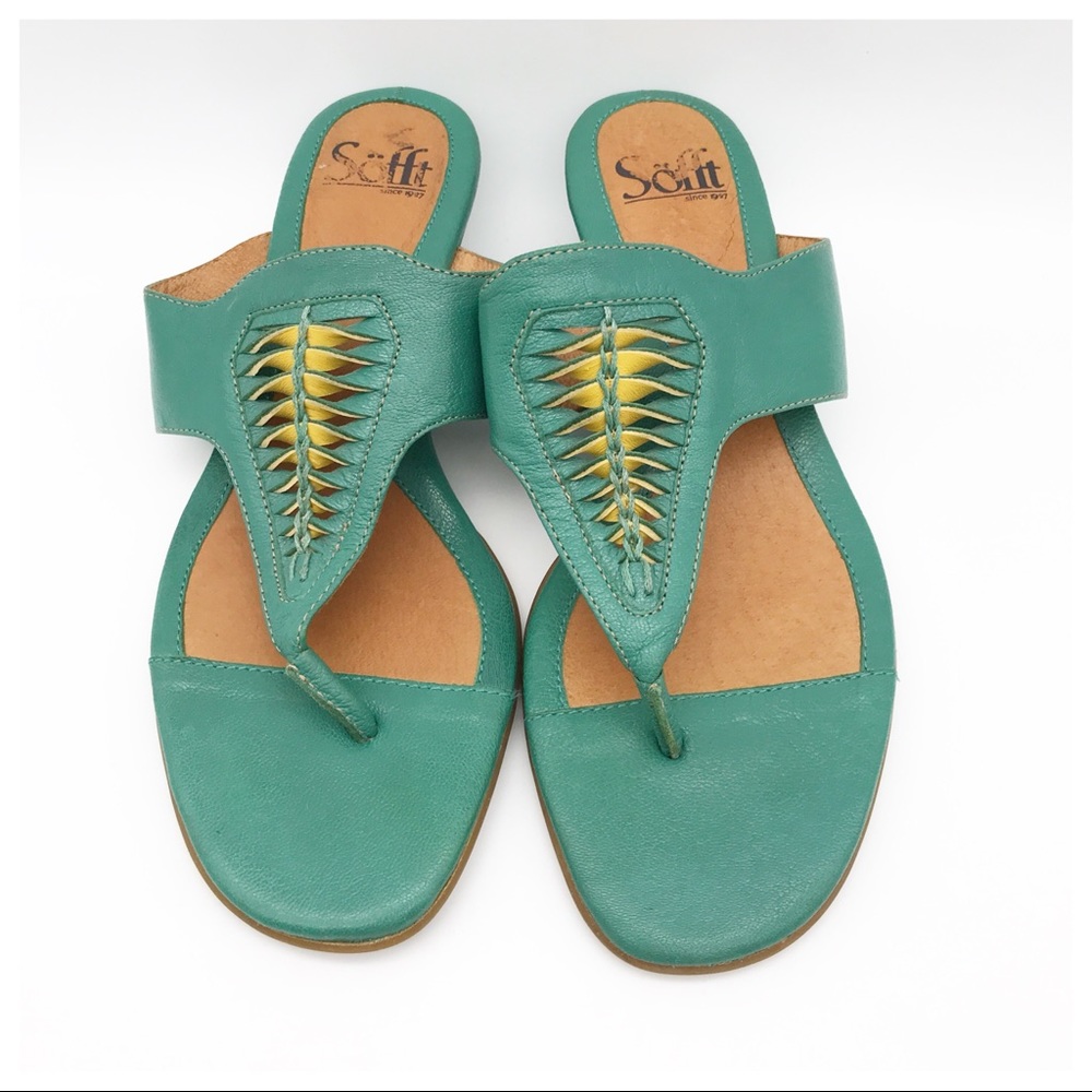 Sofft Teal Green Leather Thong Sandals with Yellow Accent - Picture 2 of 9